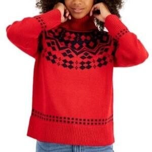 Tommy Hilfiger Red Black Fair Isle Knit Ski Winter Turtleneck Sweater S Holiday